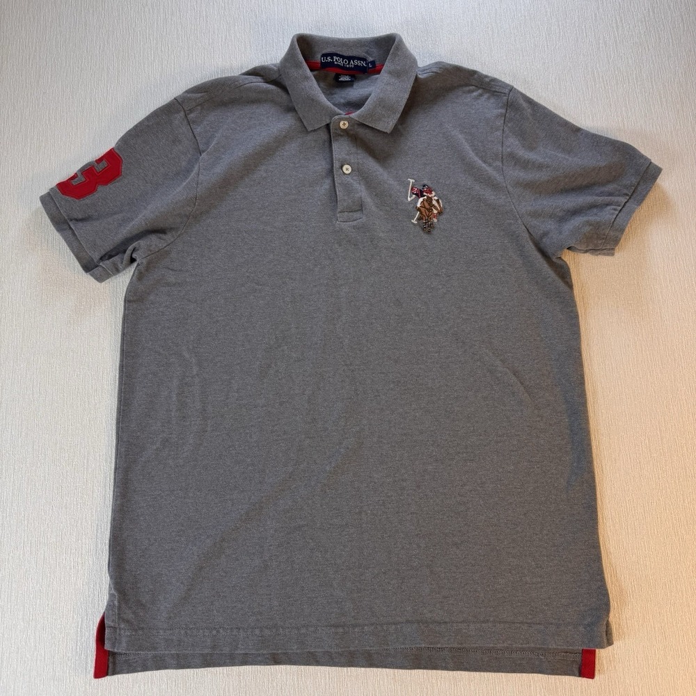 US Polo Assn Men's Polo‎ Shirt Embroidered Big Pony Logo Number 3 Gray Sz L